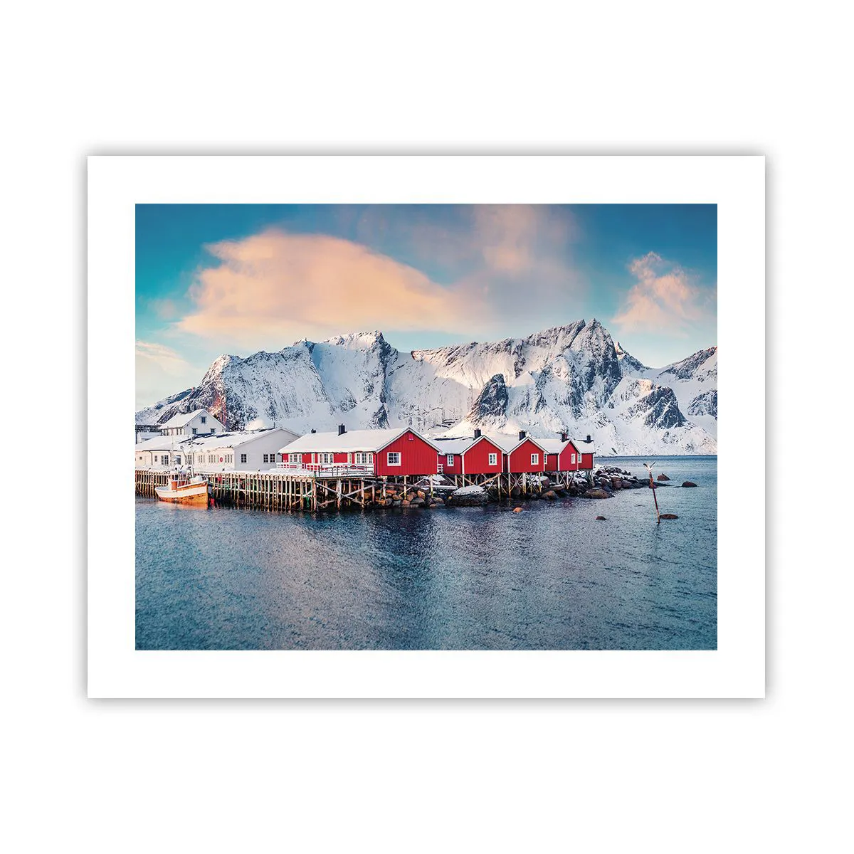 Poster Arttor 50x40 cm - Atmosfera del nord - Paesaggio, Norvegia, Lofoten,  Barche, Norvegia, Per il Salotto, Per la Camera da letto, Bianco, Nero