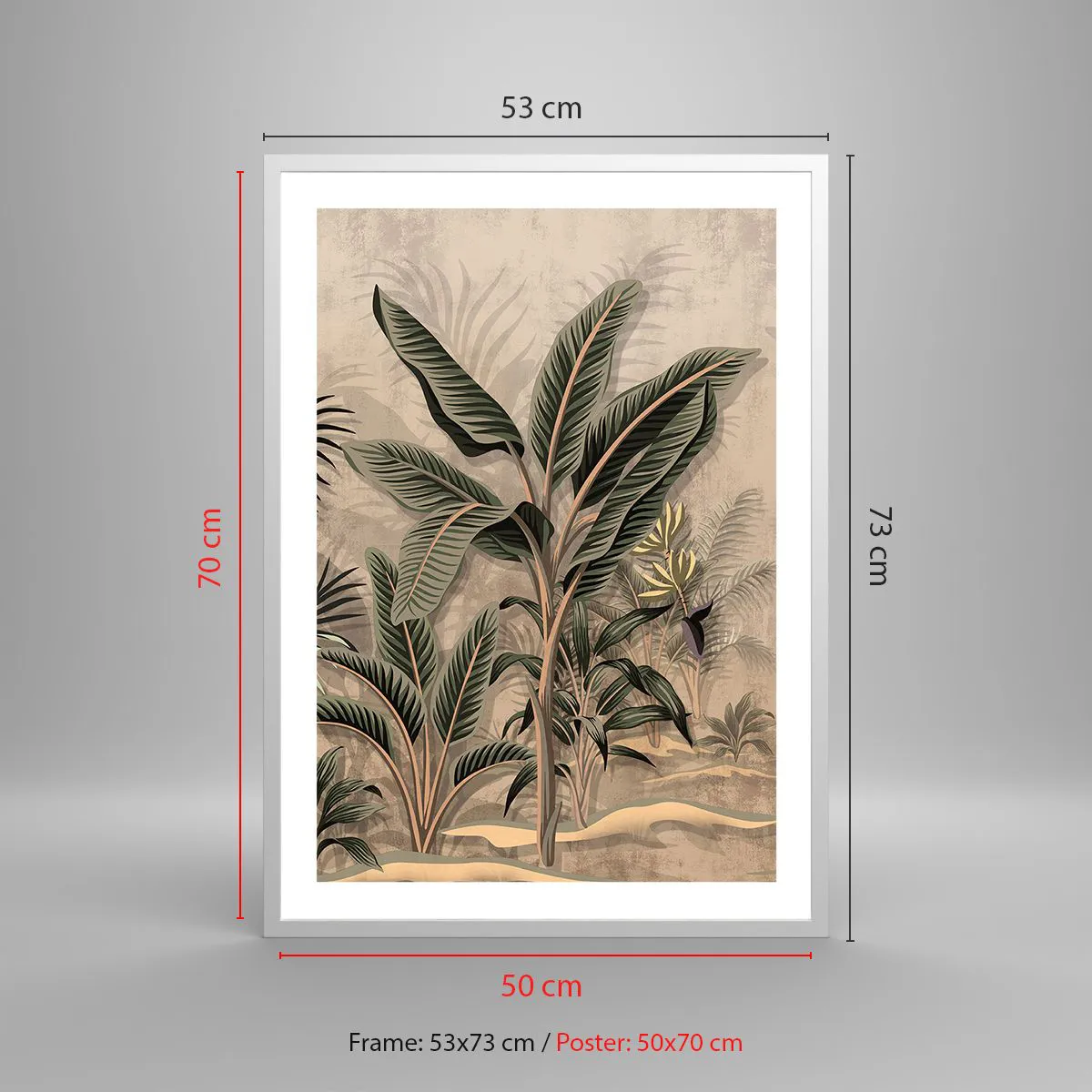 Poster in cornice bianca Arttor 50x70 cm - Incisione in stile coloniale -  Foresta Tropicale, Palma Da Cocco, Albero Di Banane, Arte, Seppia, Per il