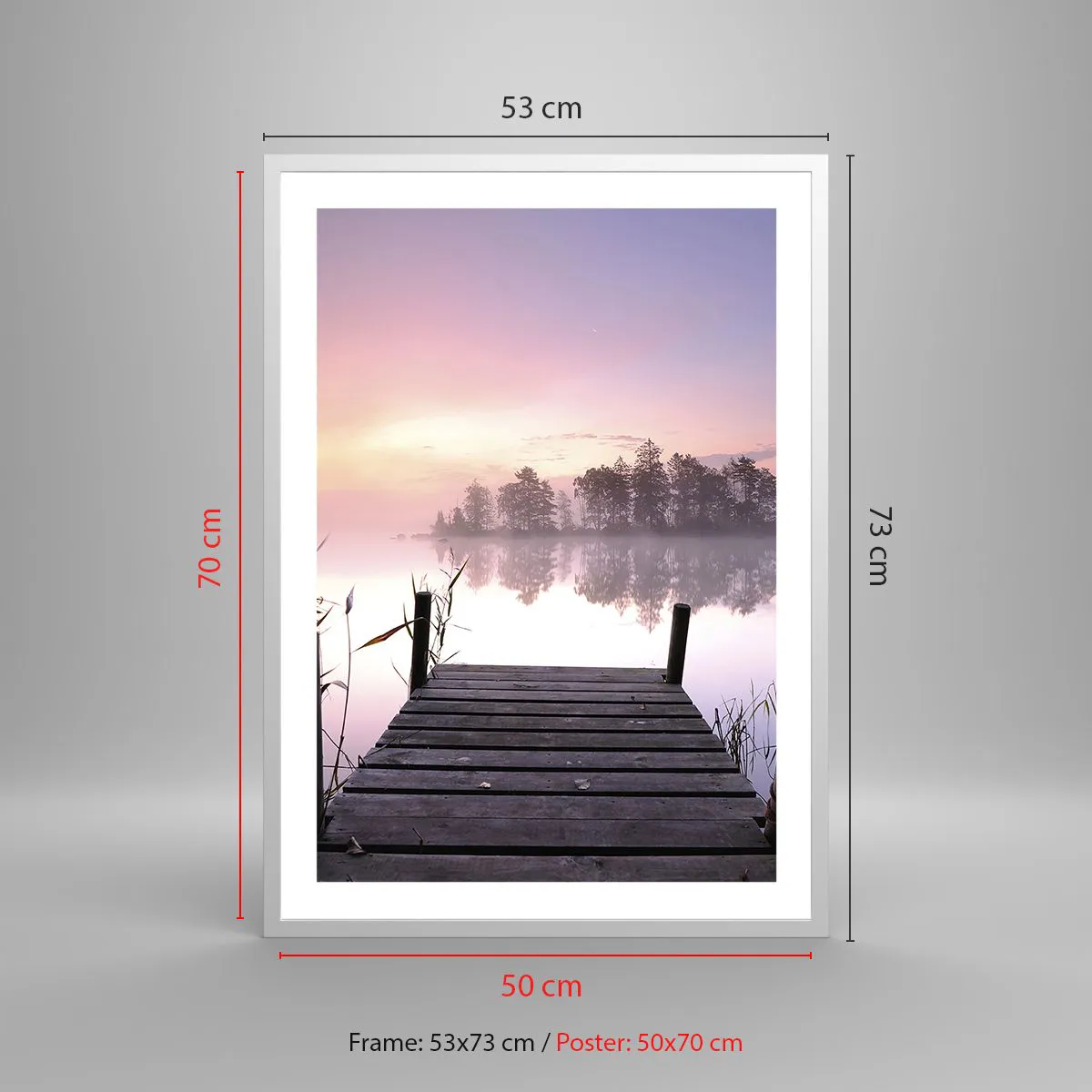 Poster in cornice bianca Arttor 50x70 cm - Nebbia color lilla - Paesaggio,  Alba, Lago, Ponte Di Legno, Natura, Per il Salotto, Per la Camera da letto