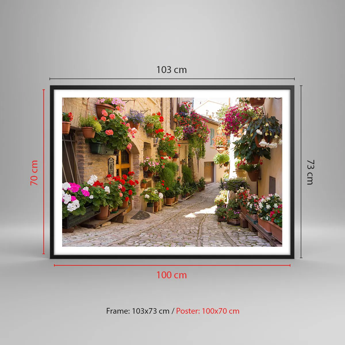 Poster in cornice nera Arttor 100x70 cm - Un'esplosione di fiori - Città,  Italia, Belle Strade, Fiori, Case A Schiera, Per il Salotto, Per la Camera