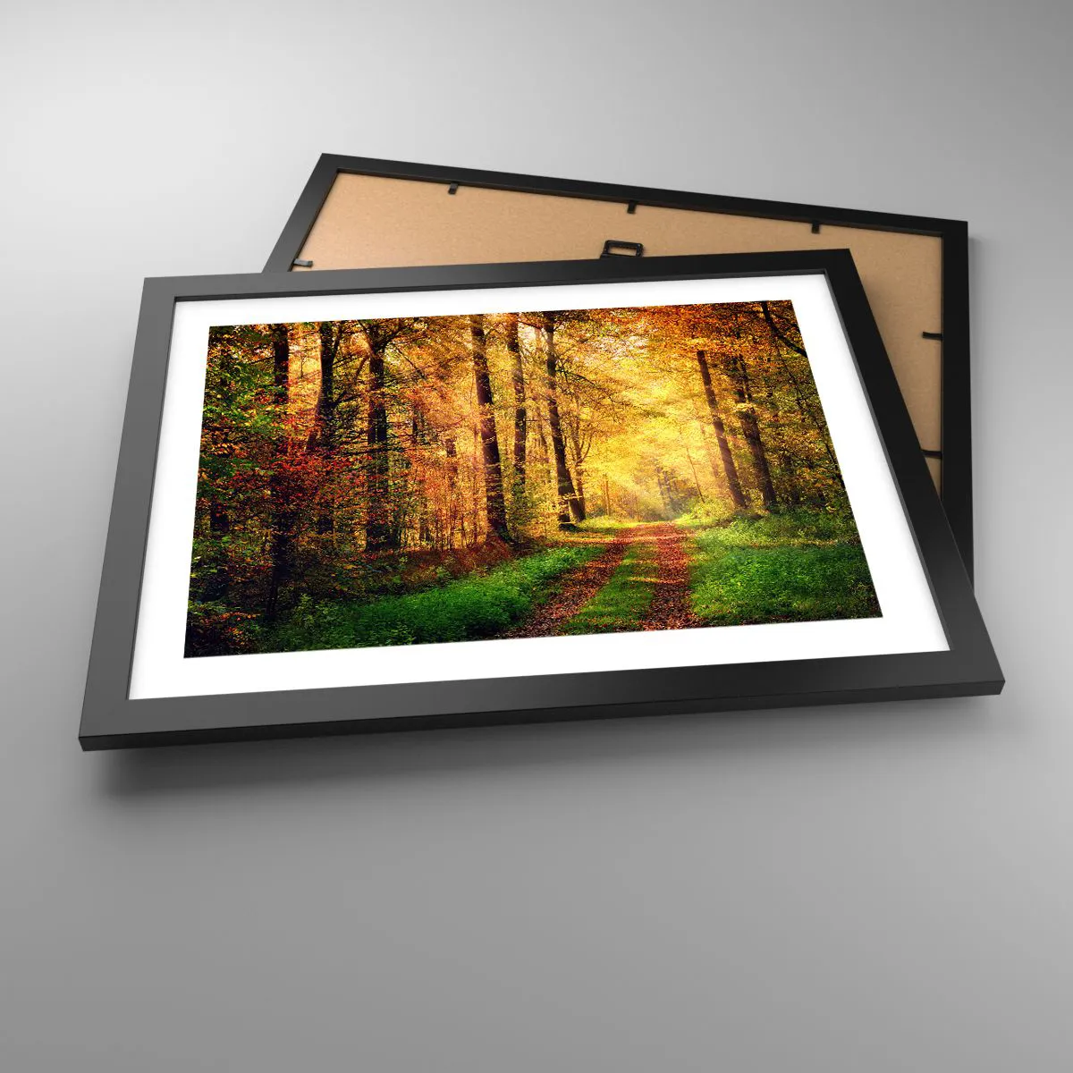 Poster in cornice nera Arttor 40x30 cm - Il silenzio d'oro del bosco -  Paesaggio, Foresta, Strada Forestale, Foglie, Natura, Per il Salotto, Per  la