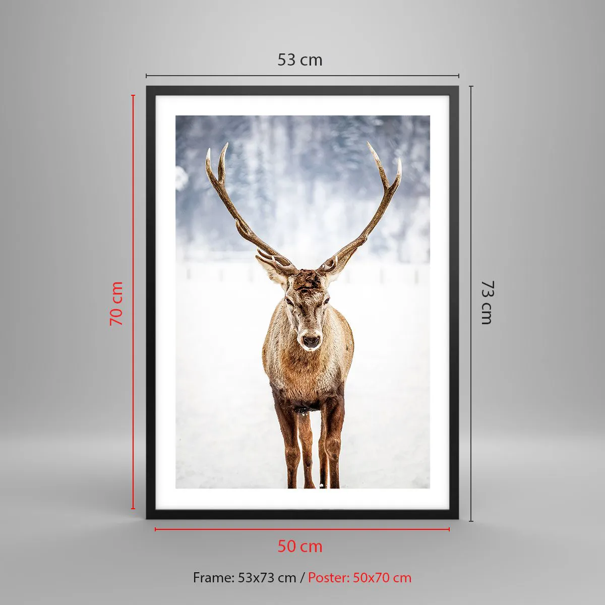 Poster in cornice nera Arttor 50x70 cm - Direttamente dalla nebbia di neve  - Renna, Animali, Inverno, Paesaggio, Corna, Per il Salotto, Per la Camera