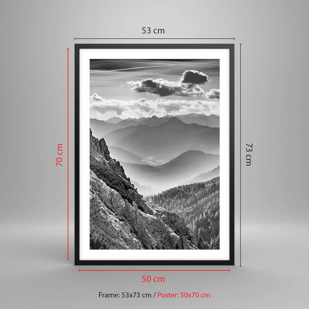 Poster in cornice nera Arttor 50x70 cm - Fino all'orizzonte - Paesaggio,  Montagne, Alpi, Foresta, Bianco E Nero, Per il Salotto, Per la Camera da