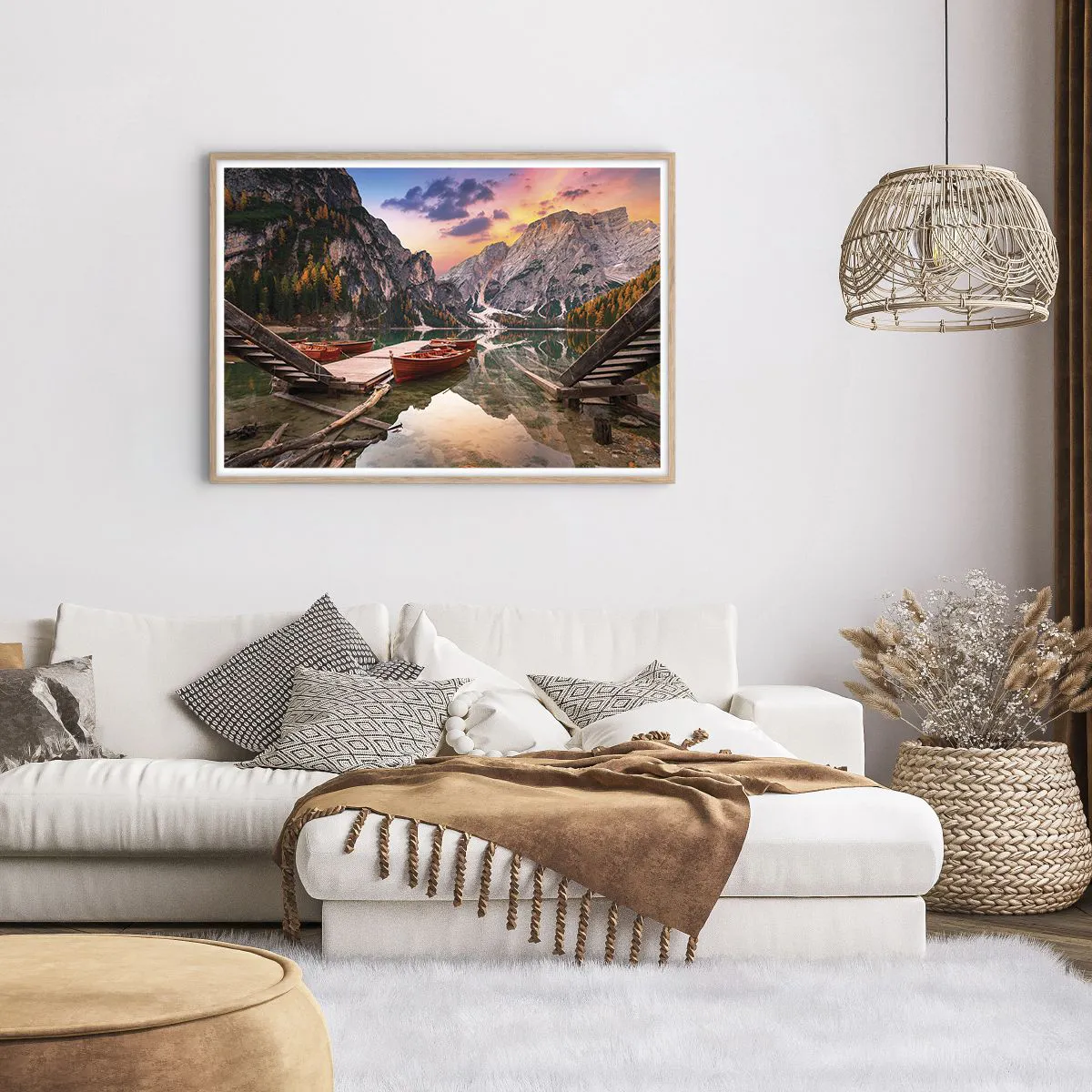 Poster in cornice rovere chiaro Arttor 100x70 cm - La promessa del giorno -  Paesaggio, Montagne, Lago, Alpi, Il Tramonto, Per il Salotto, Per la