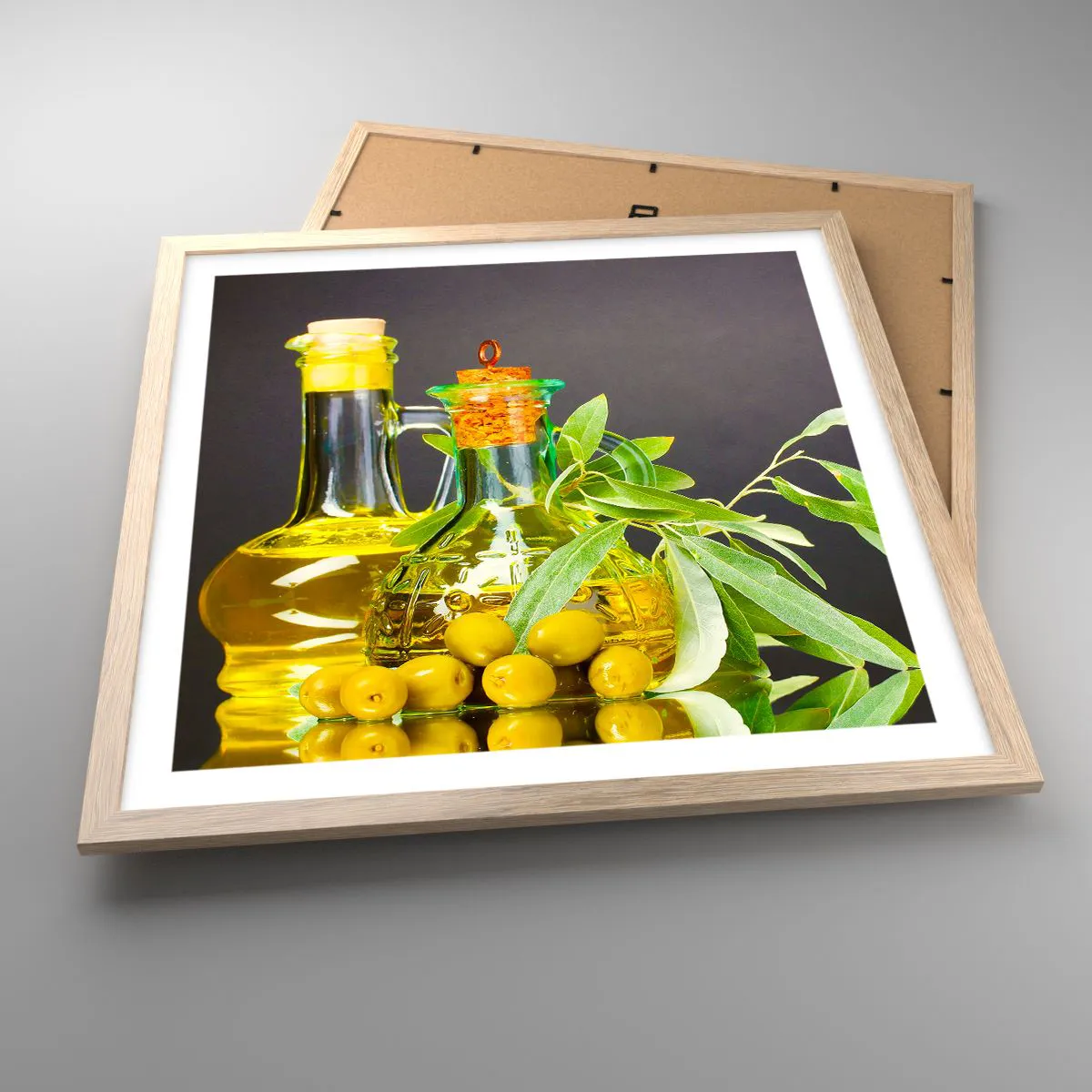 Poster in cornice rovere chiaro Arttor 50x50 cm - Natura morta con olive e  olio - Gastronomia, Olive, Olio, Spezie, Culinario, Per il Salotto, Per la
