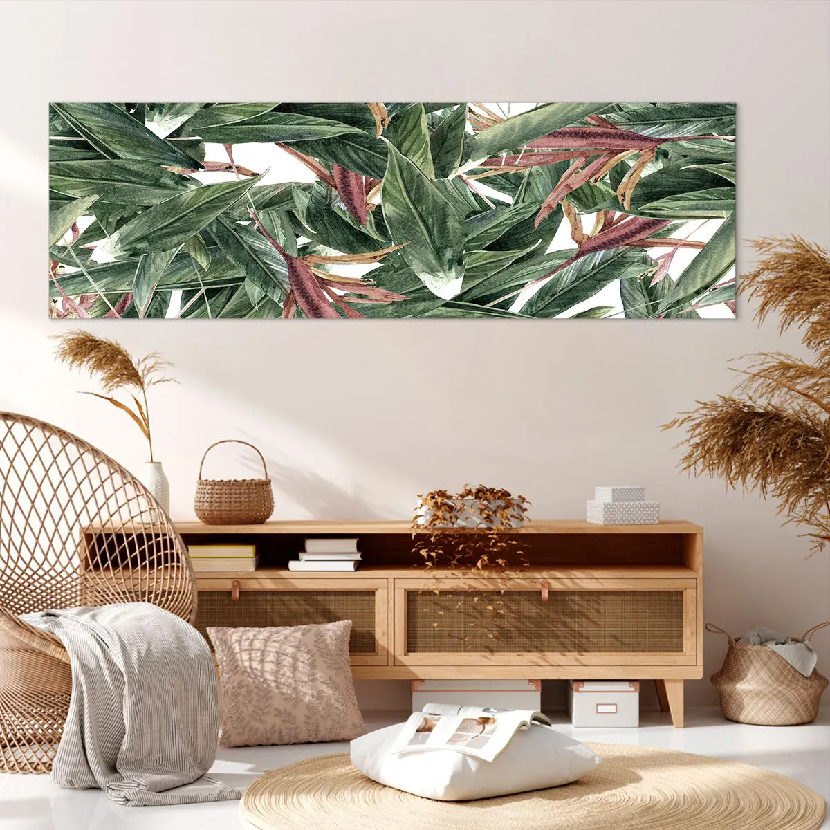 Quadro su tela, Stampe su Tela Arttor 160x50 cm - Macchia smeraldo e lilla  - Fiori, Hawaii, Foglie, Natura, Arte Moderna, Per il Salotto, Per la