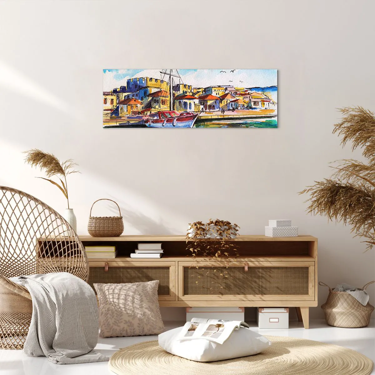 Quadro su tela, Stampe su Tela Arttor 90x30 cm - Un colorato pomeriggio -  Porto, Yacht, Mare, Blu, Giallo, Panoramico, Tela, AB90x30-5196