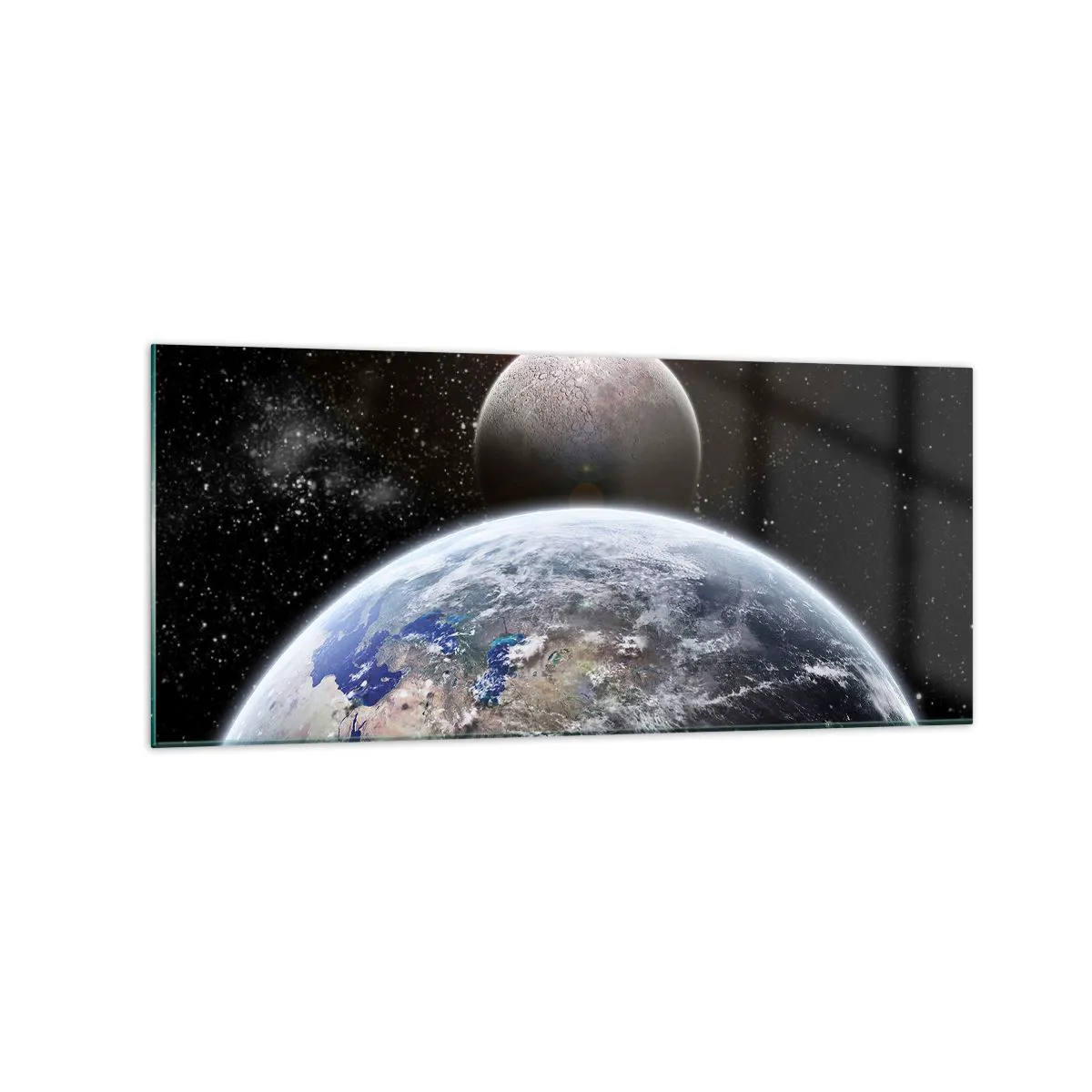 Quadro su vetro Arttor 120x50 cm - Paesaggio cosmico: sorgere del sole - Cosmo, Astrazione, 3D, Pianeti, Astronomia, Per il Salotto, Per la Camera da letto, Nero, Blu, Orizzontali, Vetro, GAB120x50-0352