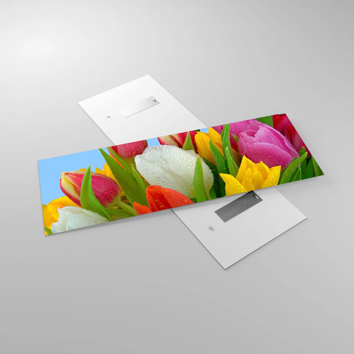 Quadro su vetro Arttor 140x50 cm - Fiori multicolori nella rugiada -  Tulipani, Fiori, Mazzo Di Fiori, Natura, Fiori Colorati, Per il Salotto,  Per la