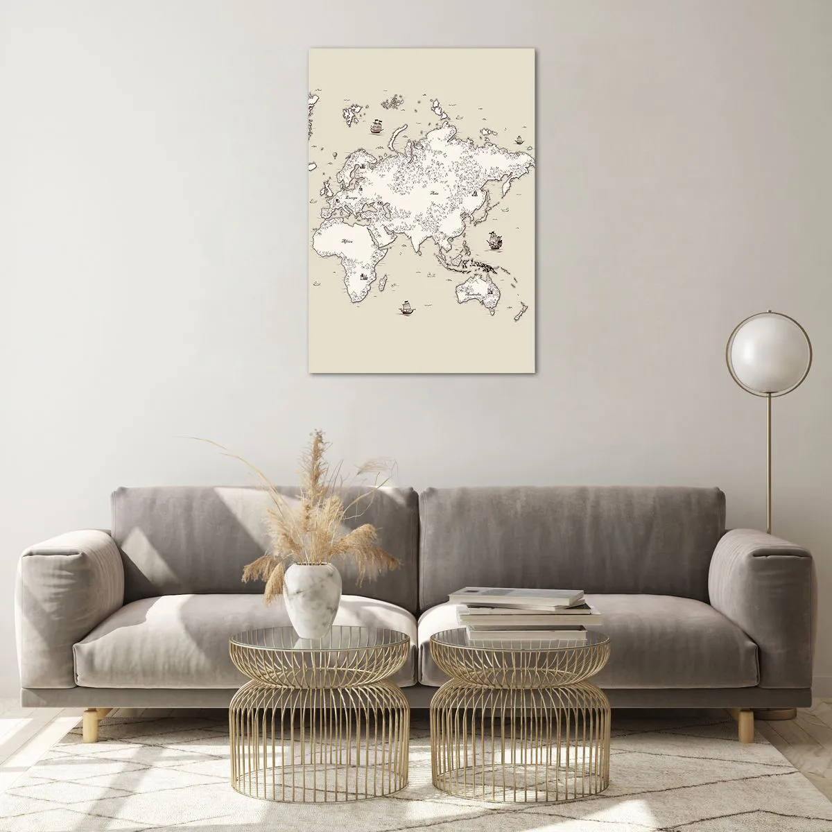 Quadro su tela, Stampe su Tela Arttor 120x80 cm - Il viaggio attorno al  mondo - Mappa Del Mondo, Continenti, Nave Pirata, Le Direzioni Del Mondo