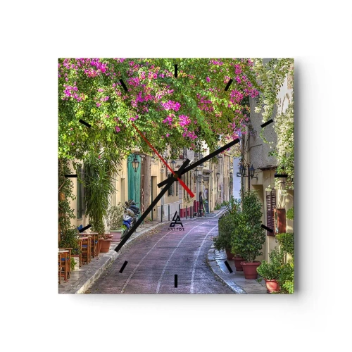 Orologio da parete, Orologio in Vetro Arttor 30x30 cm - Angolo fiorito - Architettura, Grecia, Città, Vicolo, Fiori, Quadrato, Quadrante con trattini, Per il Salotto, Per la Camera da letto, Rosa, Blu, C3AC30x30-2429