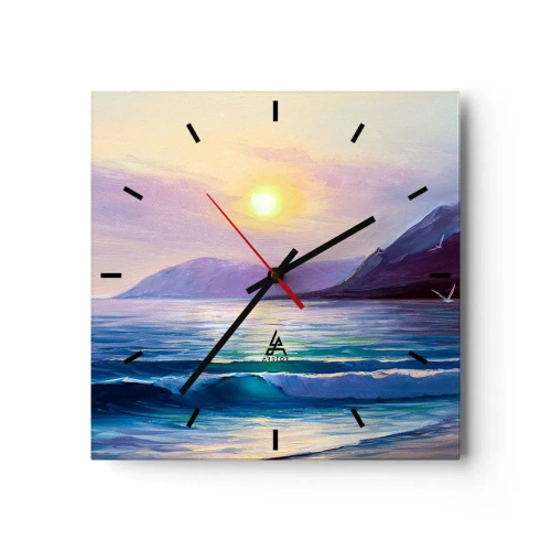 Orologio da parete, Orologio in Vetro Arttor 30x30 cm - Cristallo di acqua e di aria - Paesaggio, Mare, Montagne, Natura, La Pittura, Quadrato, Quadrante con trattini, Per il Salotto, Blu, Viola, C3AC30x30-3952