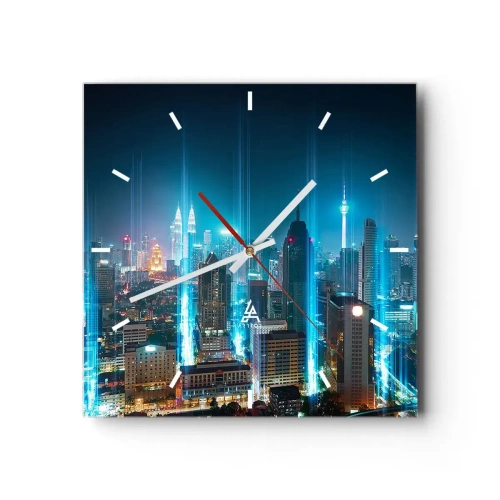 Orologio da parete, Orologio in Vetro Arttor 30x30 cm - Da Berlino al cielo - Città, Architettura, Viaggi, Asia, Città Di Notte, Quadrato, Quadrante con trattini, Per il Salotto, Per la Camera da letto, Blu, Marrone, C3AC30x30-3903