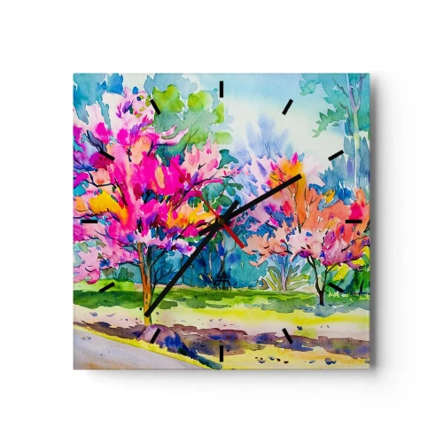 Orologio da parete, Orologio in Vetro Arttor 30x30 cm - Giardino multicolore nella luce della primavera - Parco, Alberi, Natura, Alberi, Arte, Quadrato, Quadrante con trattini, Per il Salotto, Per la Camera da letto, Rosa, Blu, C3AC30x30-2941