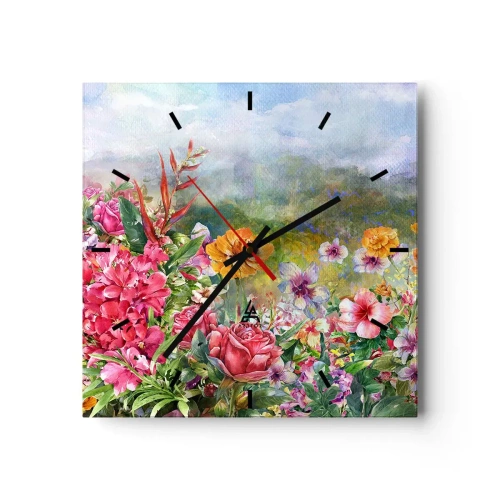 Orologio da parete, Orologio in Vetro Arttor 30x30 cm - Il giardino impazzito - Fiori, Giardino, Natura, Arte, La Pittura, Quadrato, Quadrante con trattini, Per il Salotto, Per la Camera da letto, Verde, Rosso, C3AC30x30-3843