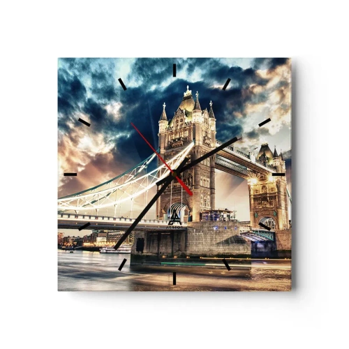 Orologio da parete, Orologio in Vetro Arttor 30x30 cm - Il monumento dell'impero britannico - Città, Londra, Architettura, Ponte, Inghilterra, Quadrato, Quadrante con trattini, Per il Salotto, Per la Camera da letto, Blu, Marrone, C3AC30x30-2438