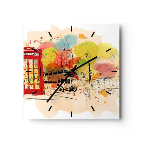 Orologio da parete, Orologio in Vetro Arttor 30x30 cm - La città della varietà - Città, Londra, Astrazione, Autobus, Arte, Quadrato, Quadrante con trattini, Per il Salotto, Per la Camera da letto, Rosso, Bianco, C3AC30x30-3920