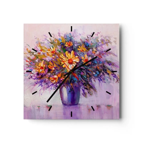 Orologio da parete, Orologio in Vetro Arttor 30x30 cm - Odore dolce, aspetto dolce - Fiori In Un Vaso, Arte, Mazzo Di Fiori, Fiori, La Pittura, Quadrato, Quadrante con trattini, Per il Salotto, Per la Camera da letto, Viola, Arancione, C3AC30x30-4112