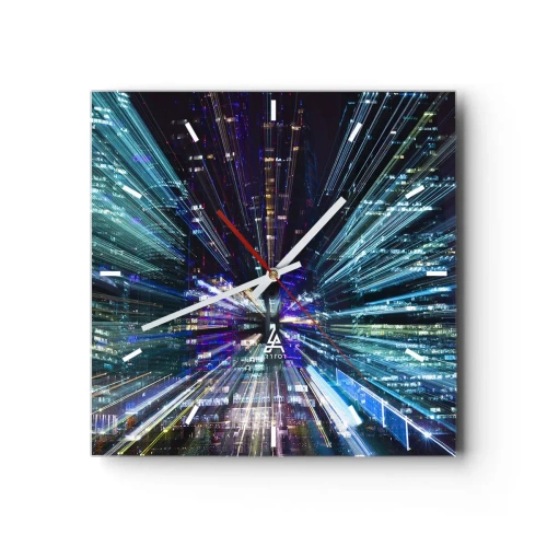 Orologio da parete, Orologio in Vetro Arttor 30x30 cm - Passaggio nell'iperspazio - Astrazione, Città, Grafica, 3D, Futuro, Quadrato, Quadrante con trattini, Per il Salotto, Blu, Grigio, C3AC30x30-4044