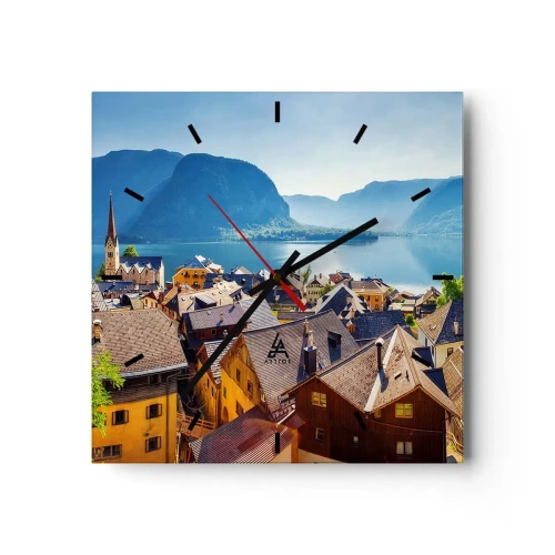 Orologio da parete, Orologio in Vetro Arttor 30x30 cm - Più pittoresco di così non si può - Paesaggio, Città, Austria, Architettura, Alpi, Quadrato, Quadrante con trattini, Per il Salotto, Blu, Marrone, C3AC30x30-3955