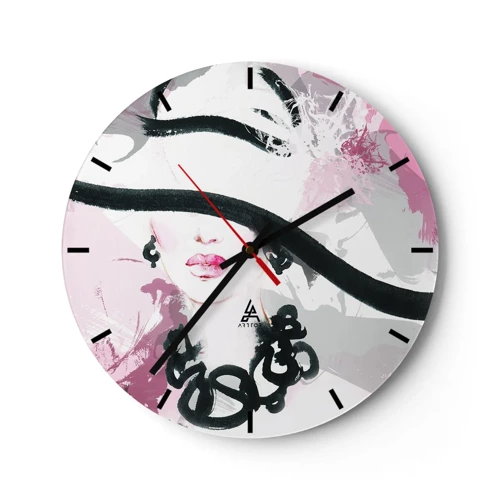 Orologio da parete - Orologio in Vetro - Ritratto di donna in nero e rosa - 30x30 cm