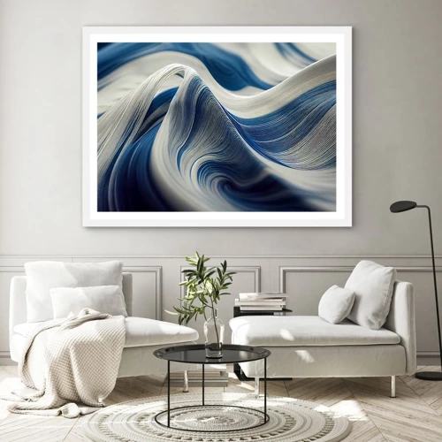 Poster in cornice bianca - Fluidità di blu e di bianco - 100x70 cm