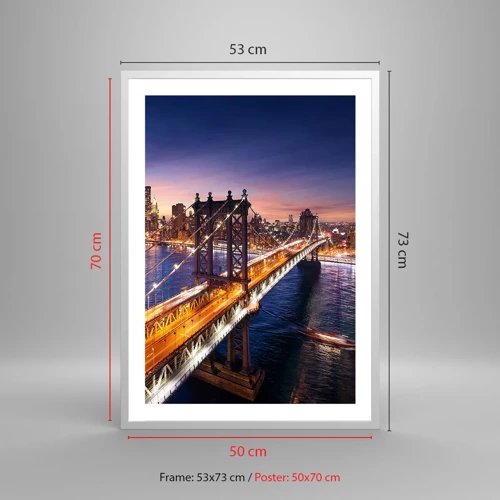 Poster in cornice bianca - Il ponte luminoso fino al cuore della città - 50x70 cm