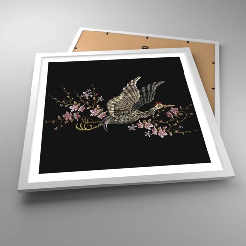 Poster in cornice bianca - Uccello esotico ricamato - 50x50 cm