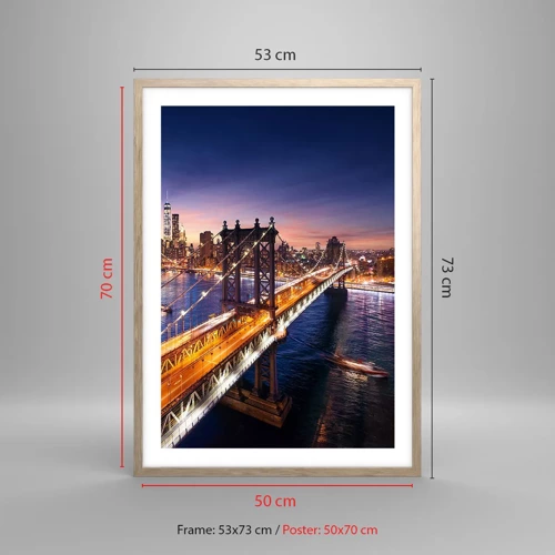 Poster in cornice rovere chiaro - Il ponte luminoso fino al cuore della città - 50x70 cm