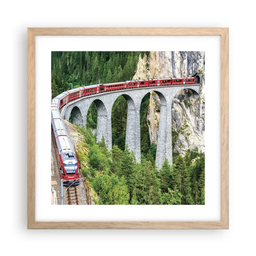 Poster in cornice rovere chiaro - Il treno tra i monti - 40x40 cm