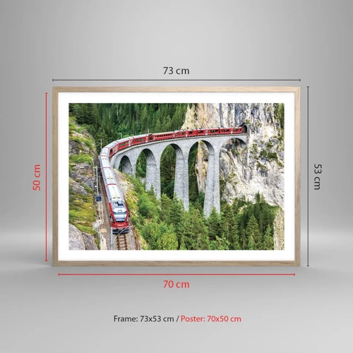Poster in cornice rovere chiaro - Il treno tra i monti - 70x50 cm