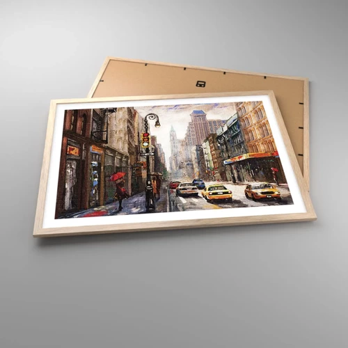 Poster in cornice rovere chiaro - New York: colorata anche sotto la pioggia - 70x50 cm