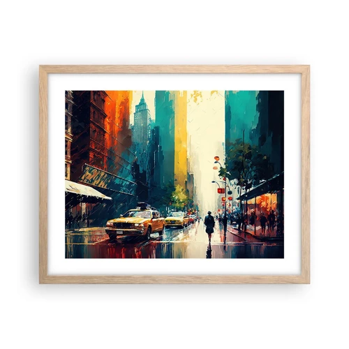 Poster in cornice rovere chiaro - New York: qui anche la pioggia è colorata - 50x40 cm