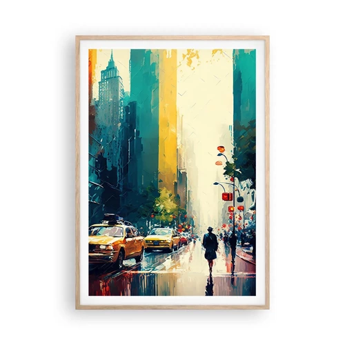 Poster in cornice rovere chiaro - New York: qui anche la pioggia è colorata - 70x100 cm