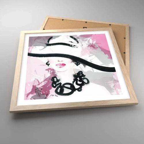 Poster in cornice rovere chiaro - Ritratto di donna in nero e rosa - 40x40 cm