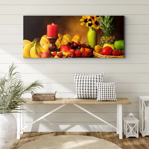 Quadro su tela - Stampe su Tela - Natura morta con pane e frutta - 100x40 cm