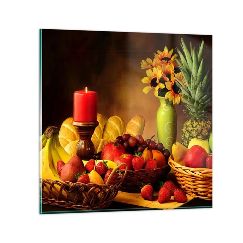 Quadro su vetro - Natura morta con pane e frutta - 60x60 cm