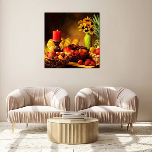 Quadro su vetro - Natura morta con pane e frutta - 70x70 cm